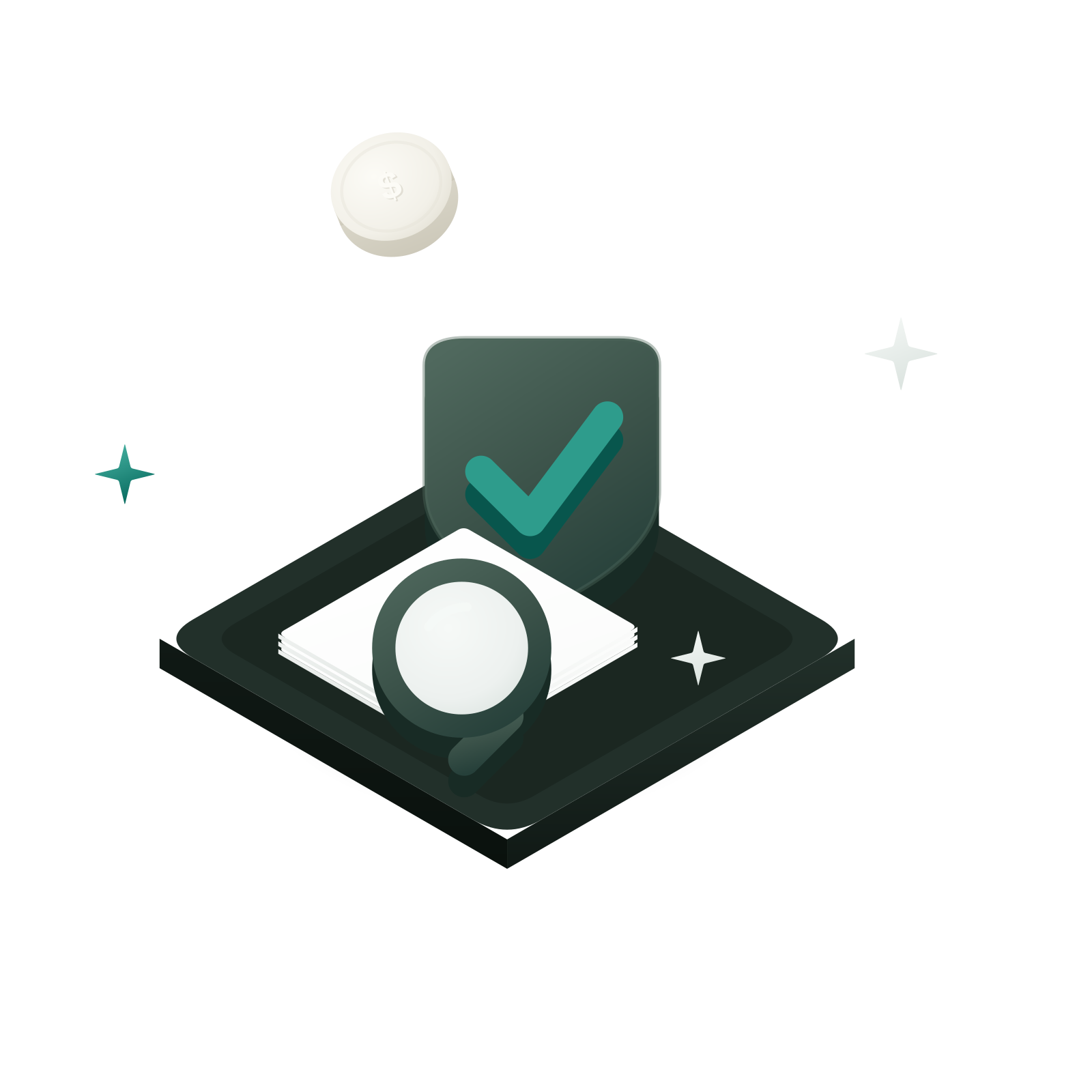 Isometric 3D illustration: a document with a magnifying glass and a fern-black shield with a jade check