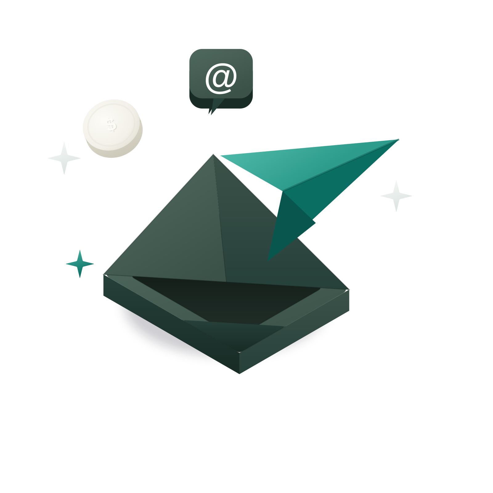 Isometric 3D illustration: an open ivory envelope with a pounamu-jade paper plane and an @ badge