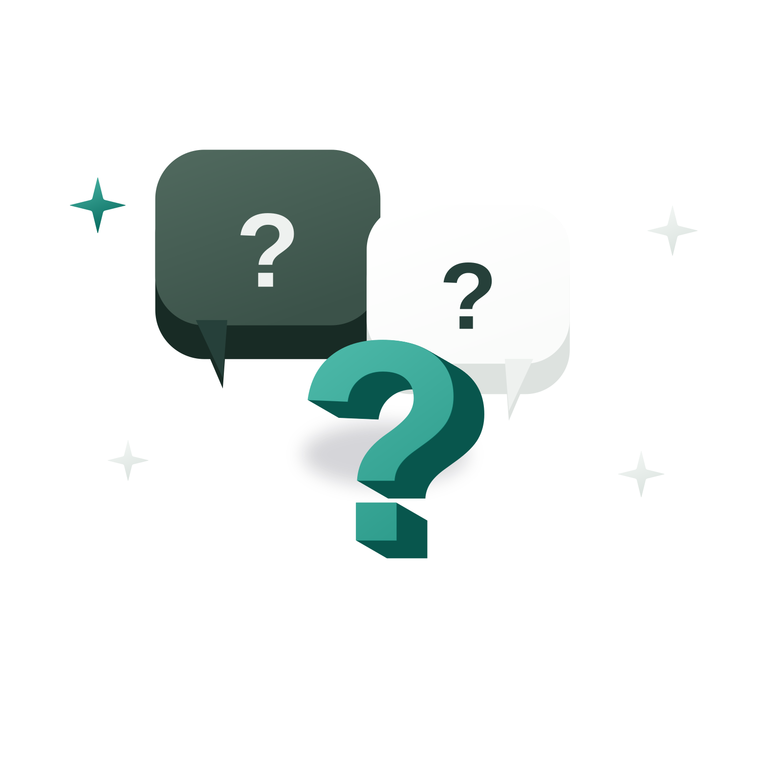 Isometric 3D illustration: three overlapping speech bubbles with question marks and a pounamu-jade “?”