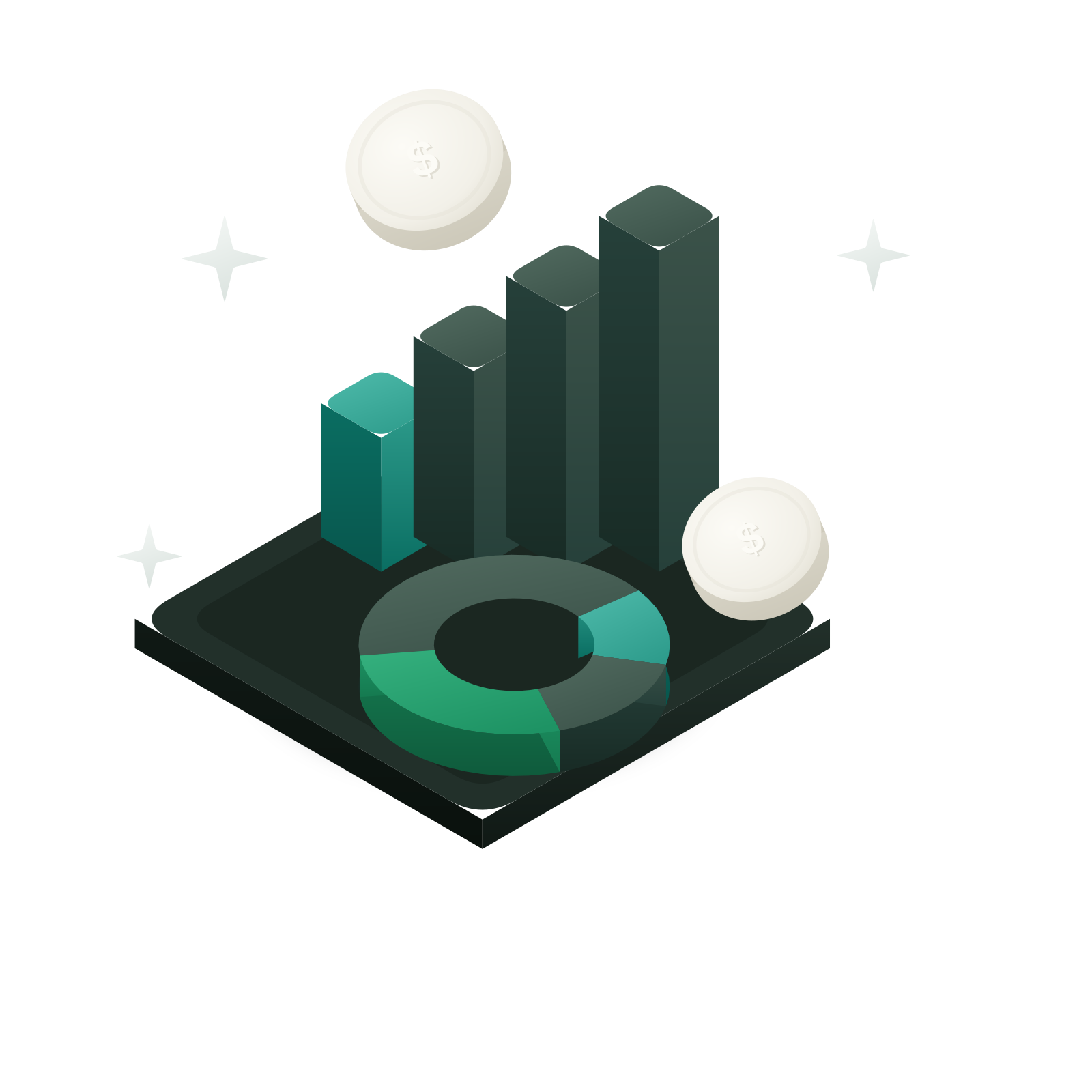 Isometric 3D illustration: a rising bar chart and a ring chart with a pine take-home wedge, a pounamu-jade accent segment and silver “$” coins on a fern-black slab