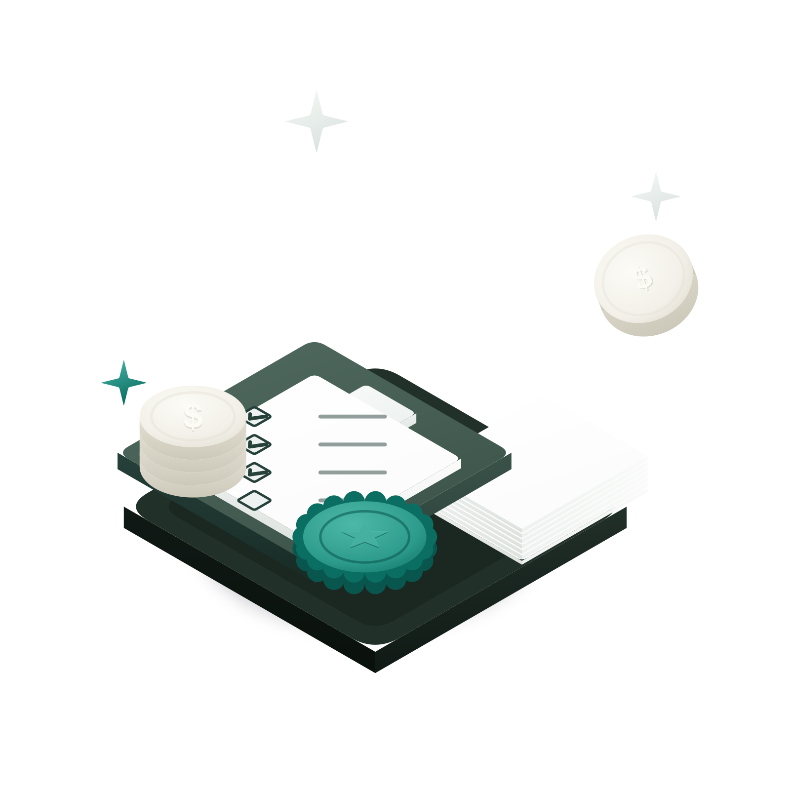 Isometric 3D illustration: a loan statement document with a percent badge and a repaying “$” coin