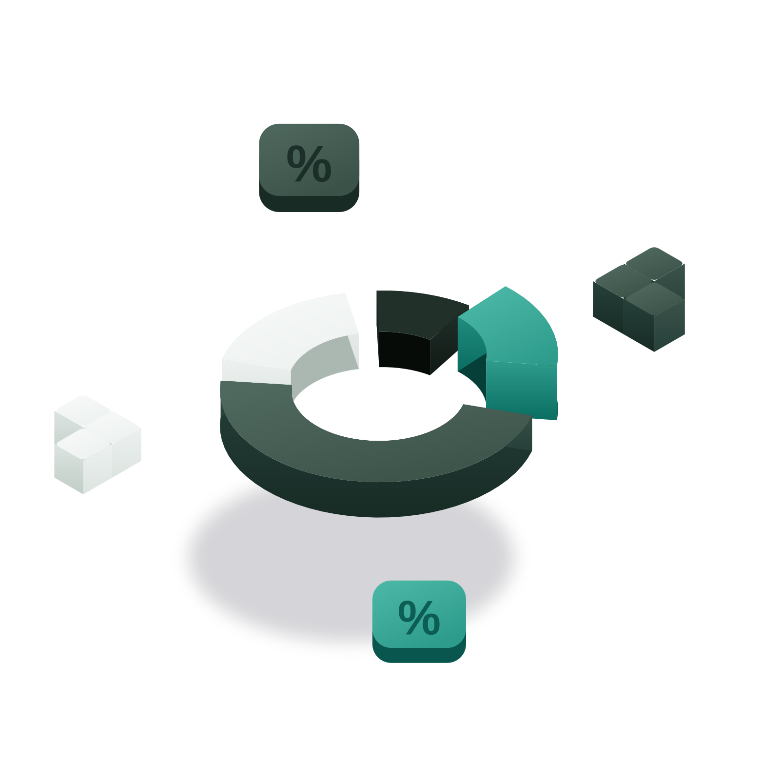 Isometric 3D illustration: an exploded ring chart showing a KiwiSaver contribution share, with a pounamu-jade segment and “$” coins