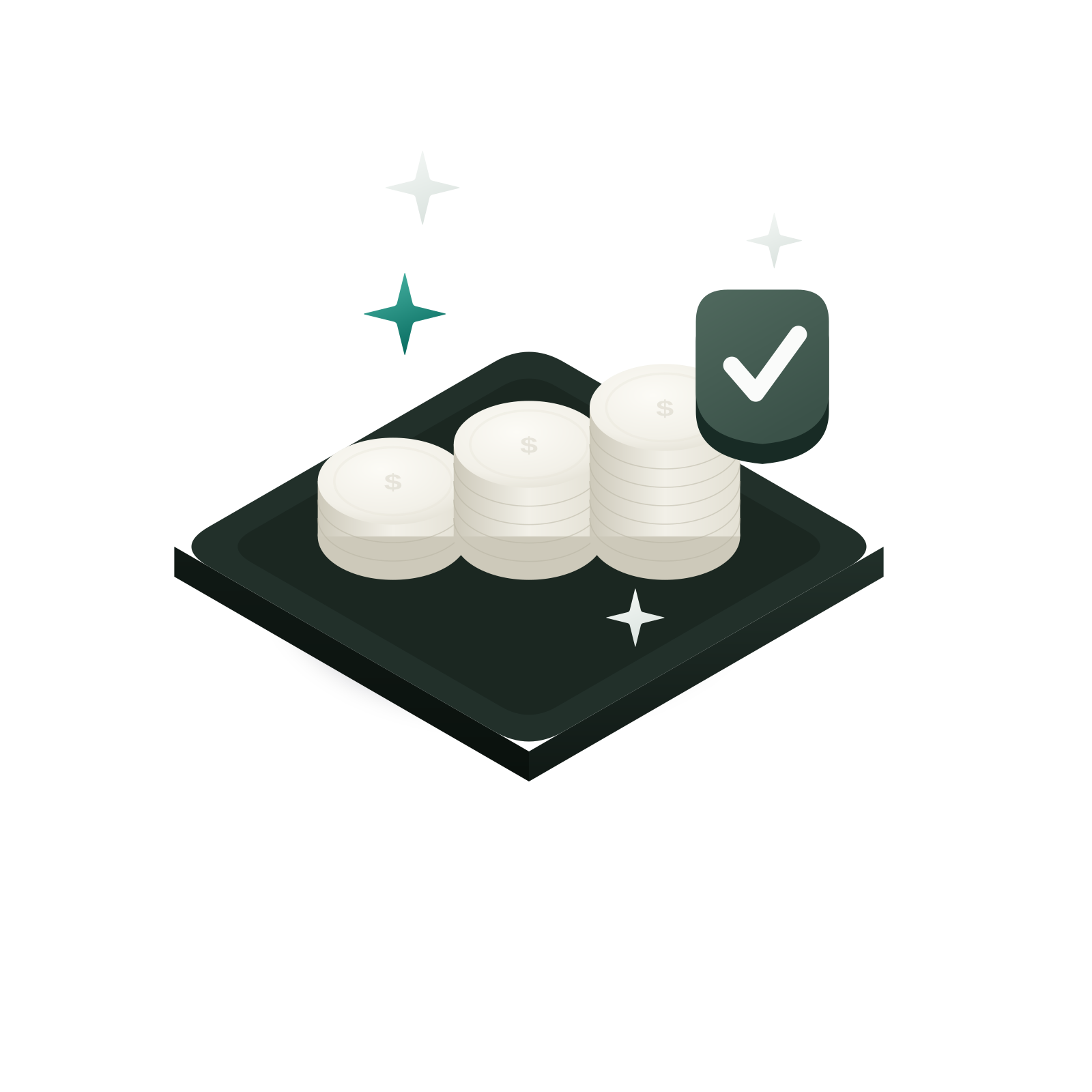 Isometric 3D illustration: three rising stacks of “$” coins and a fern-black shield with a jade check