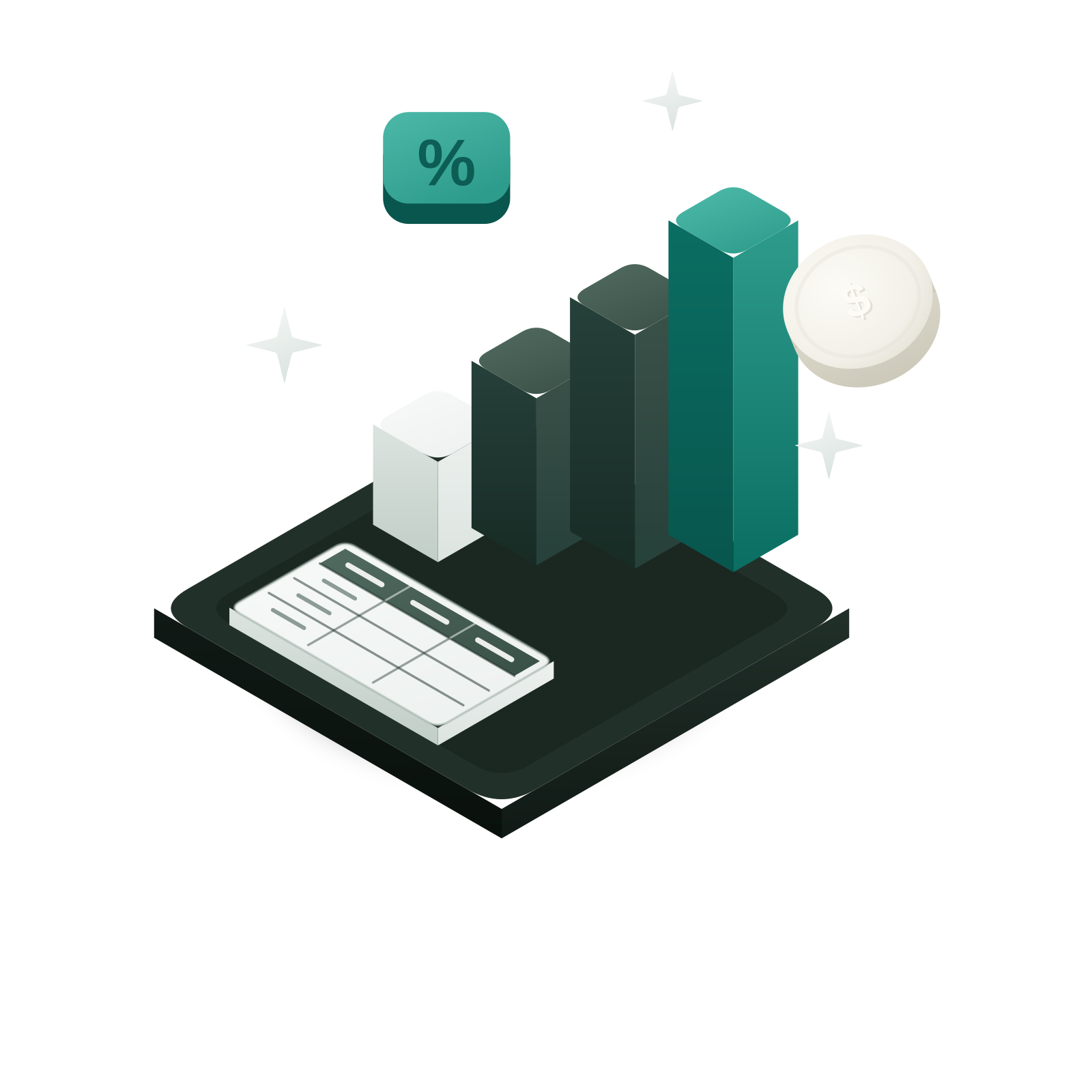 Isometric 3D illustration: an ascending staircase of tax brackets, a percent badge and a rate table